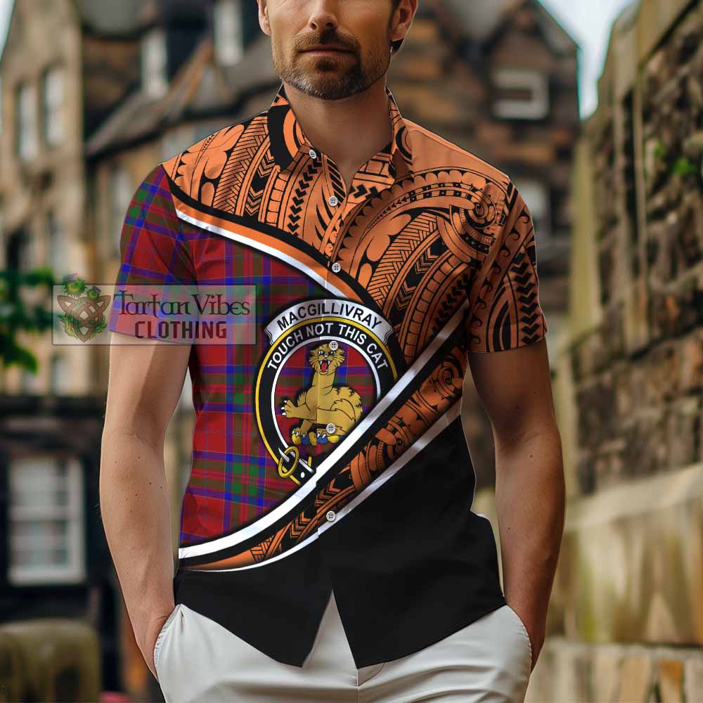 Tartan Vibes Clothing MacGillivray (McGillivray) Crest Tartan Short Sleeve Button Shirt with Maori Tattoo Style - Orange Version