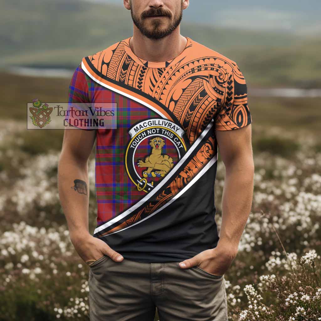 Tartan Vibes Clothing MacGillivray (McGillivray) Crest Tartan T-Shirt with Maori Tattoo Style - Orange Version