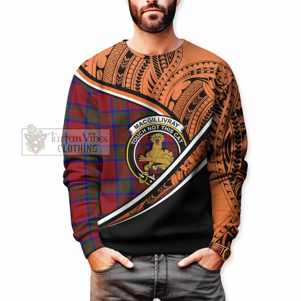 Tartan Vibes Clothing MacGillivray (McGillivray) Crest Tartan Sweatshirt with Maori Tattoo Style - Orange Version