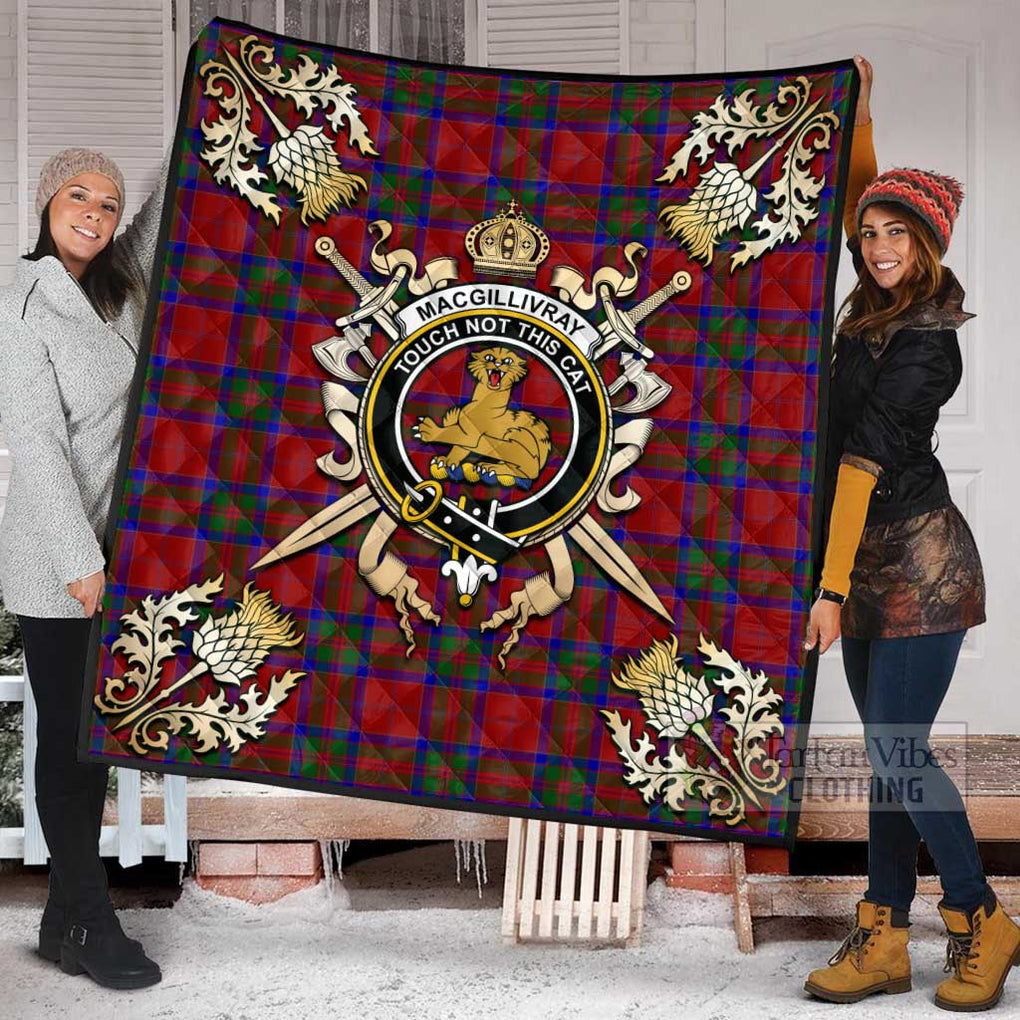 Tartan Vibes Clothing MacGillivray (McGillivray) Tartan Quilt with Family Crest and Scottish Golden Courage Shield