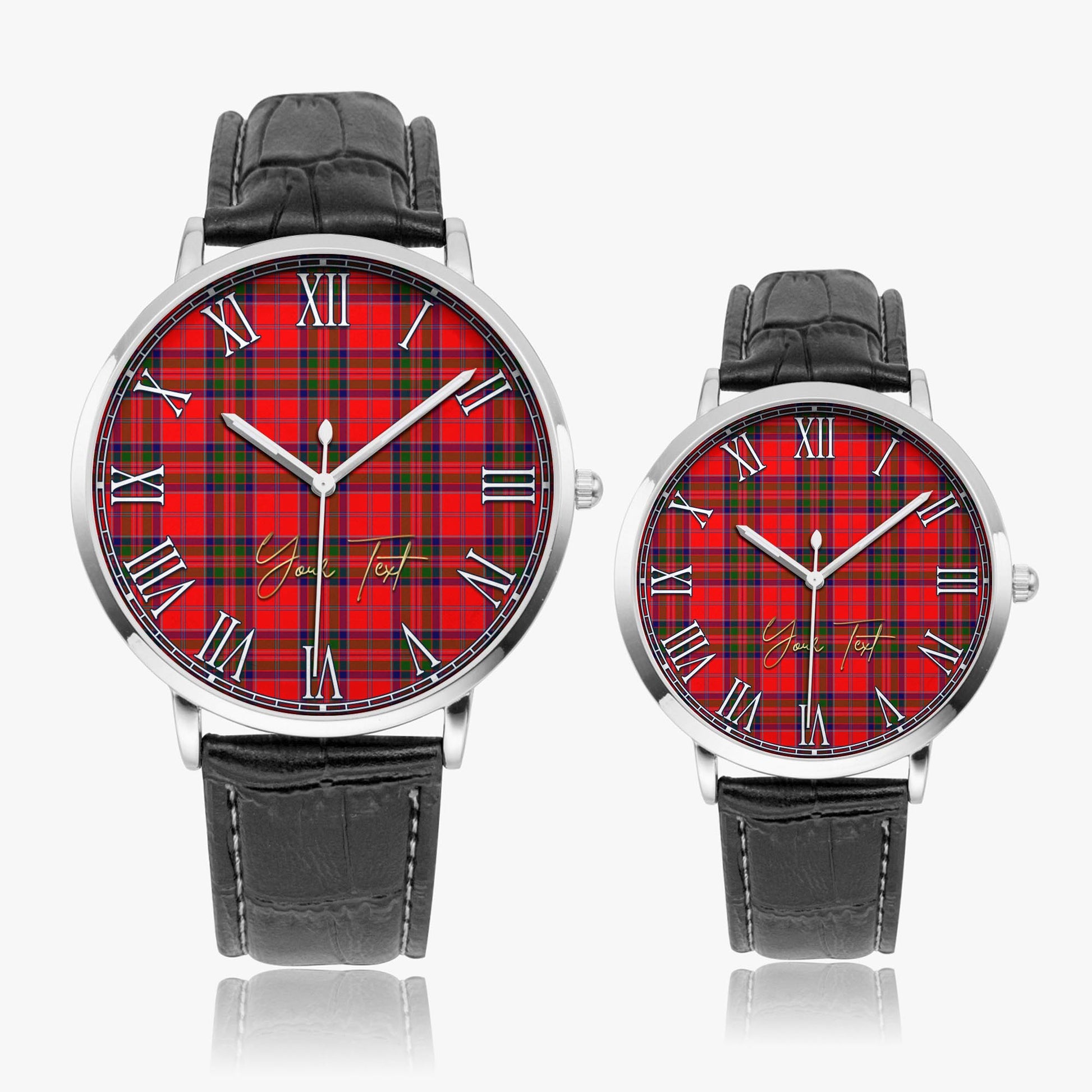 MacGillivray Modern Tartan Personalized Your Text Leather Trap Quartz Watch Ultra Thin Silver Case With Black Leather Strap - Tartanvibesclothing