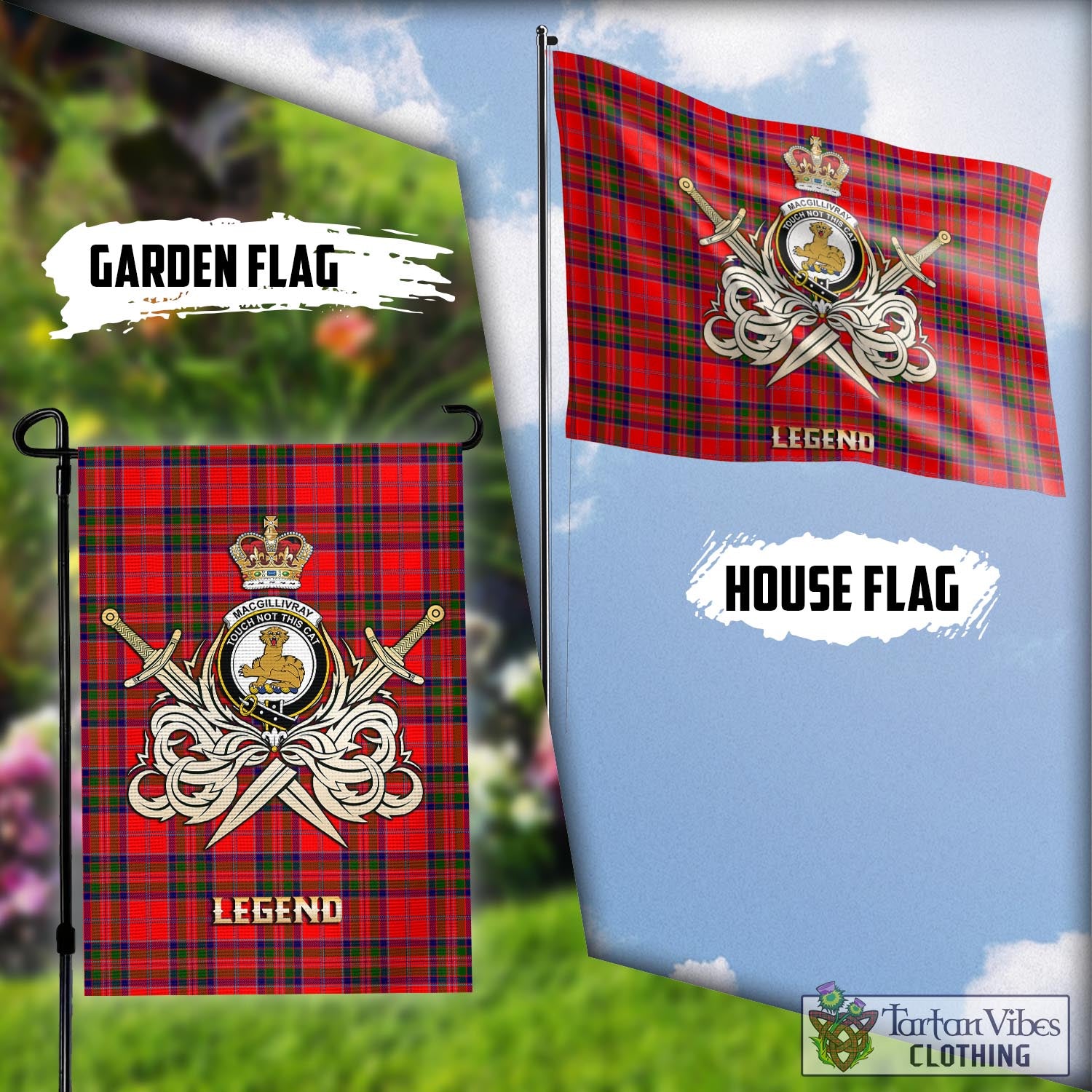 Tartan Vibes Clothing MacGillivray Modern Tartan Flag with Clan Crest and the Golden Sword of Courageous Legacy