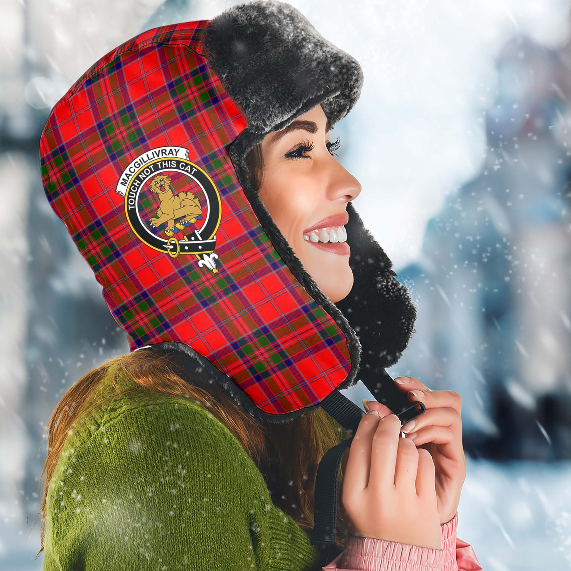 MacGillivray Modern Tartan Winter Trapper Hat with Family Crest Winter Trapper Hat Universal Fit Circumference 22.8in (58cm) - Tartanvibesclothing