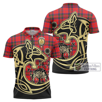 MacGillivray Modern Tartan Zipper Polo Shirt with Family Crest Celtic Wolf Style