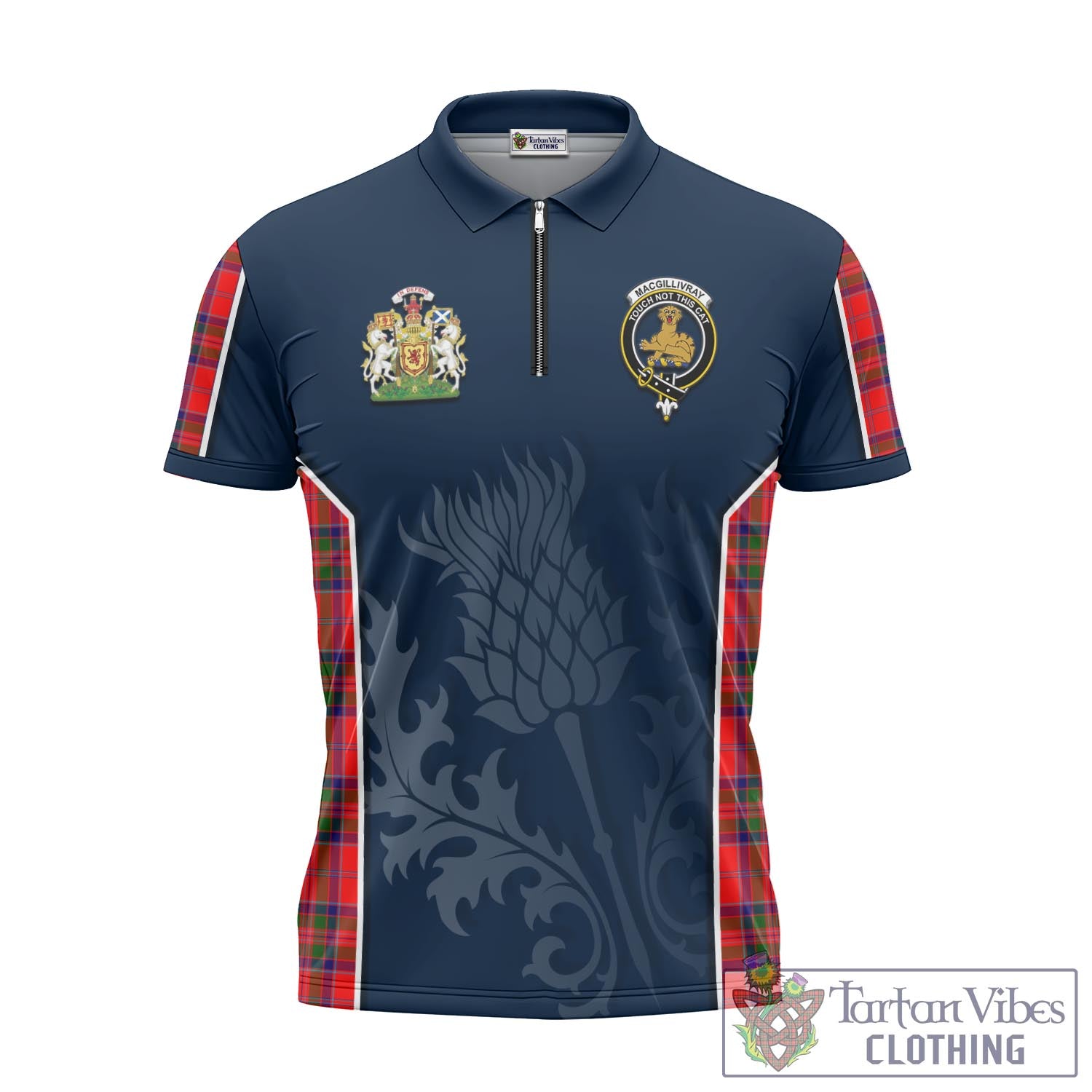 Tartan Vibes Clothing MacGillivray Modern Tartan Zipper Polo Shirt with Family Crest and Scottish Thistle Vibes Sport Style