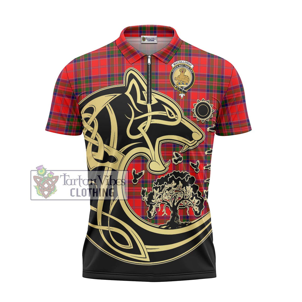 MacGillivray Modern Tartan Zipper Polo Shirt with Family Crest Celtic Wolf Style - Tartanvibesclothing Shop