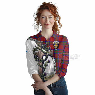 MacGilvery (McGilvery) Tartan Women's Casual Shirt with Family Crest and St. Andrew's Cross Accented by Thistle Vines