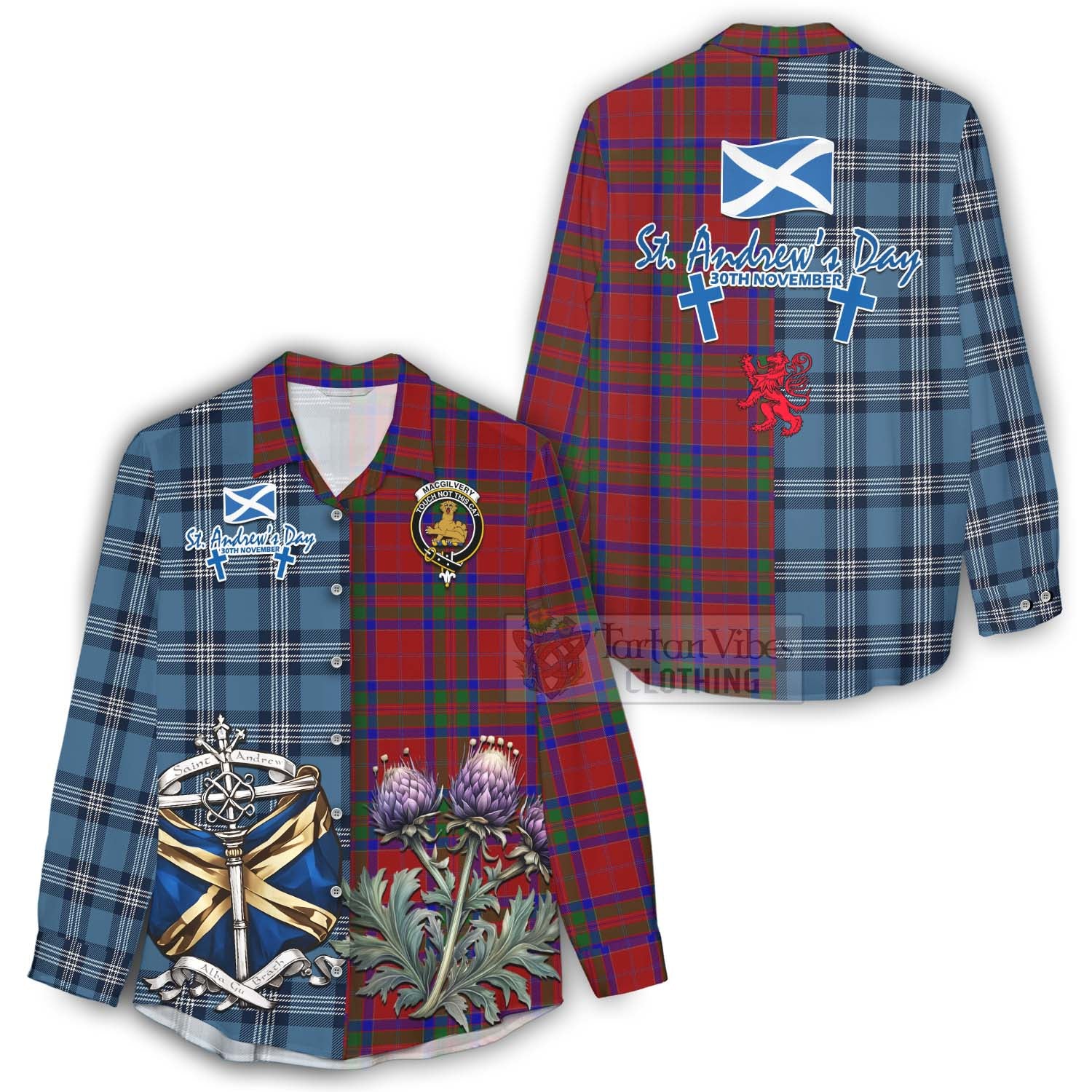 Tartan Vibes Clothing MacGilvery (McGilvery) Tartan Women's Casual Shirt Happy St. Andrew's Day Half Tartan Style