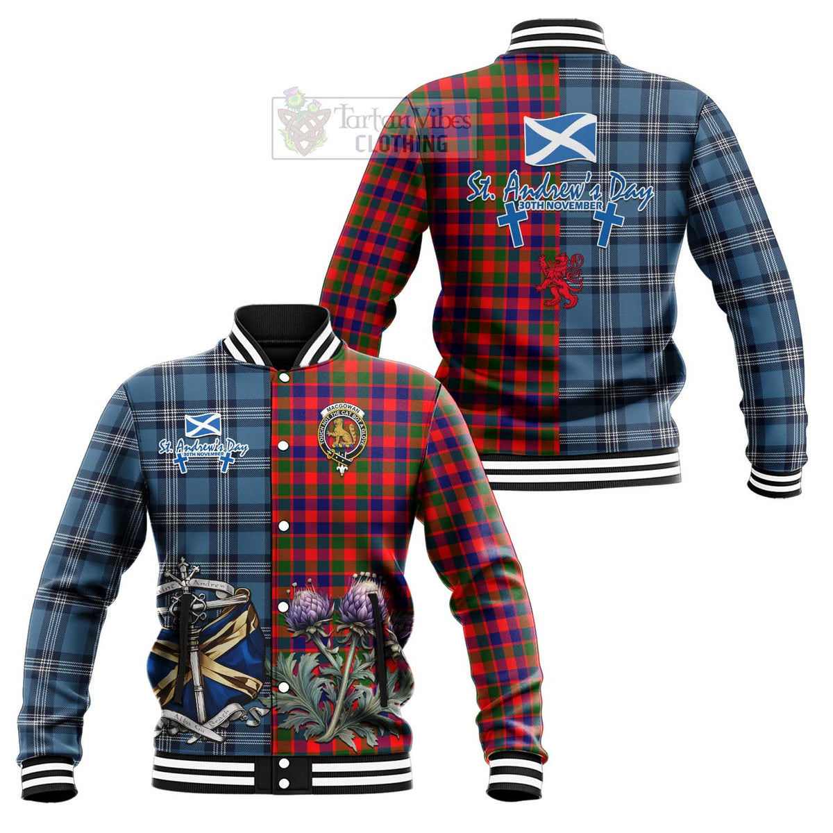 MacGowan (McGowan) Tartan Baseball Jacket Happy St. Andrew's Day Half Tartan Style Unisex - Tartan Vibes Clothing