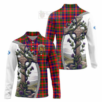 MacGowan (McGowan) Tartan Long Sleeve Polo Shirt with Family Crest and St. Andrew's Cross Accented by Thistle Vines Unisex - Tartan Vibes Clothing