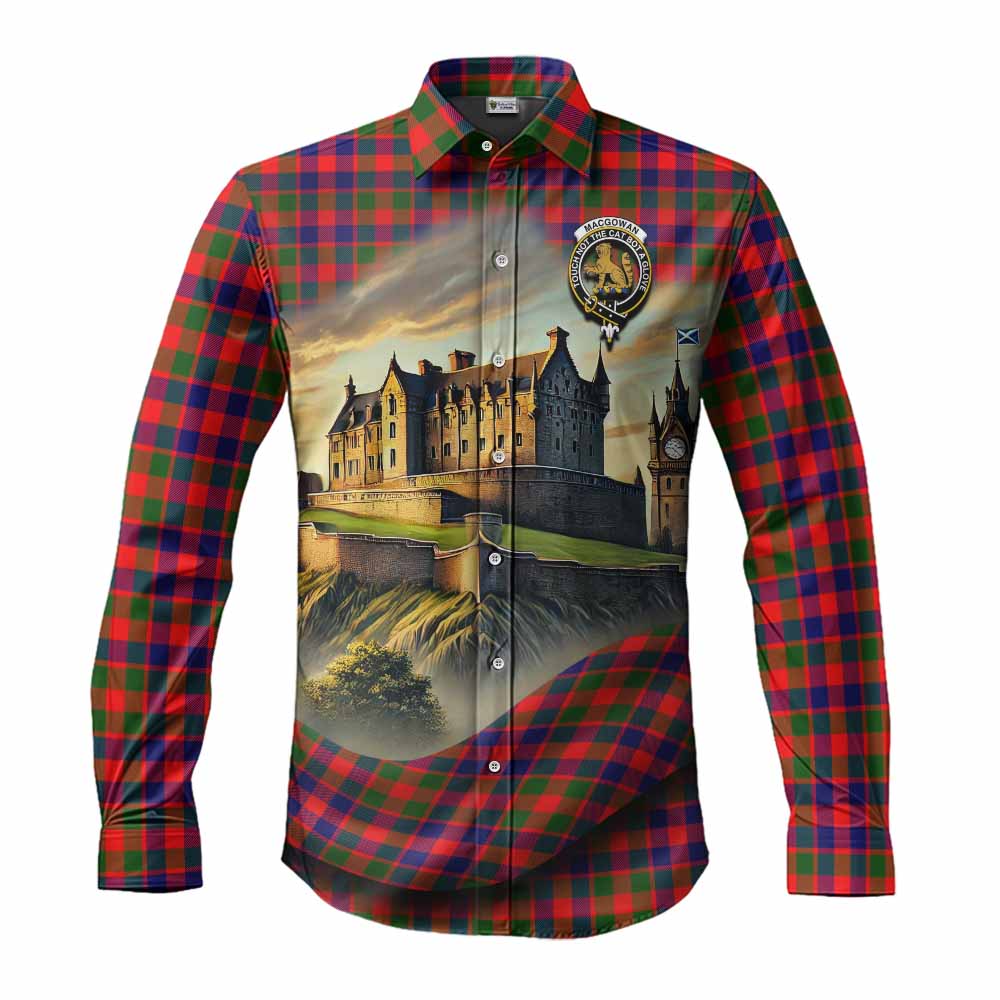 MacGowan (McGowan) Tartan Family Crest Long Sleeve Button Shirt with Scottish Ancient Castle Style Men's Shirt S - Tartan Vibes Clothing