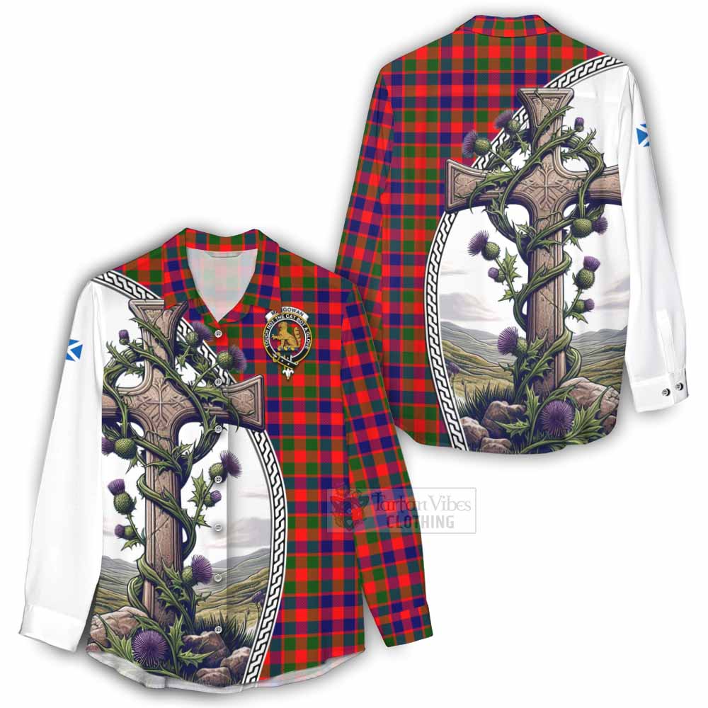 Tartan Vibes Clothing MacGowan (McGowan) Tartan Women's Casual Shirt with Family Crest and St. Andrew's Cross Accented by Thistle Vines