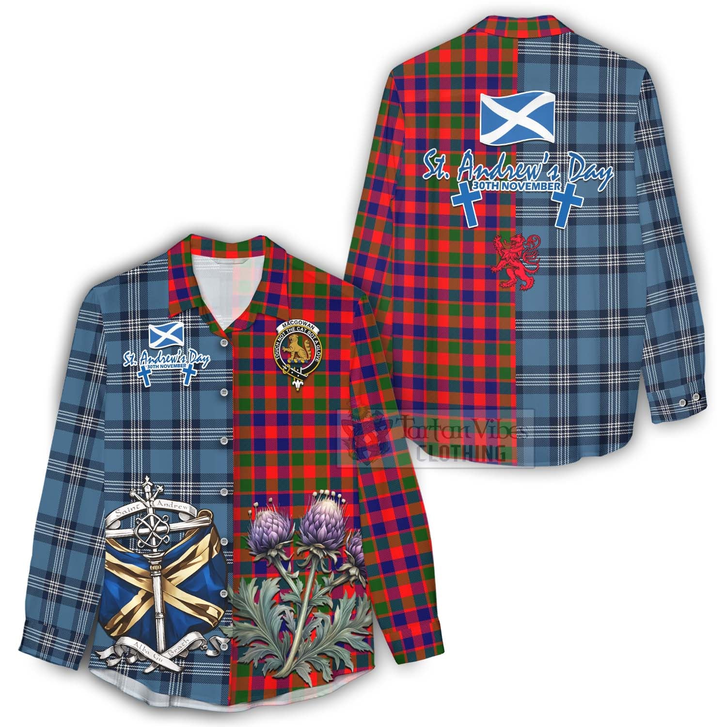 Tartan Vibes Clothing MacGowan (McGowan) Tartan Women's Casual Shirt Happy St. Andrew's Day Half Tartan Style