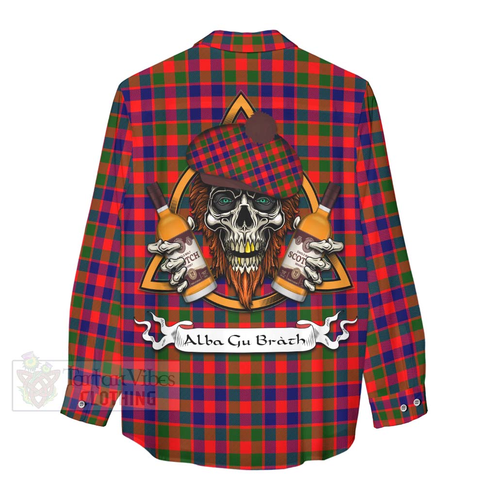 Tartan Vibes Clothing MacGowan (McGowan) Tartan Women's Casual Shirt with Family Crest and Bearded Skull Holding Bottles of Whiskey