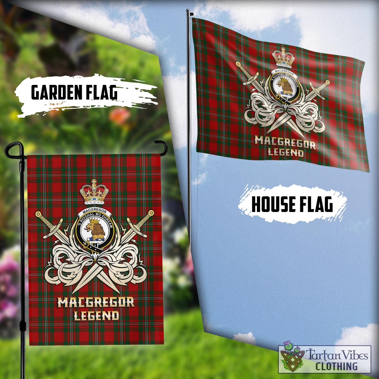 Tartan Vibes Clothing MacGregor Tartan Flag with Clan Crest and the Golden Sword of Courageous Legacy