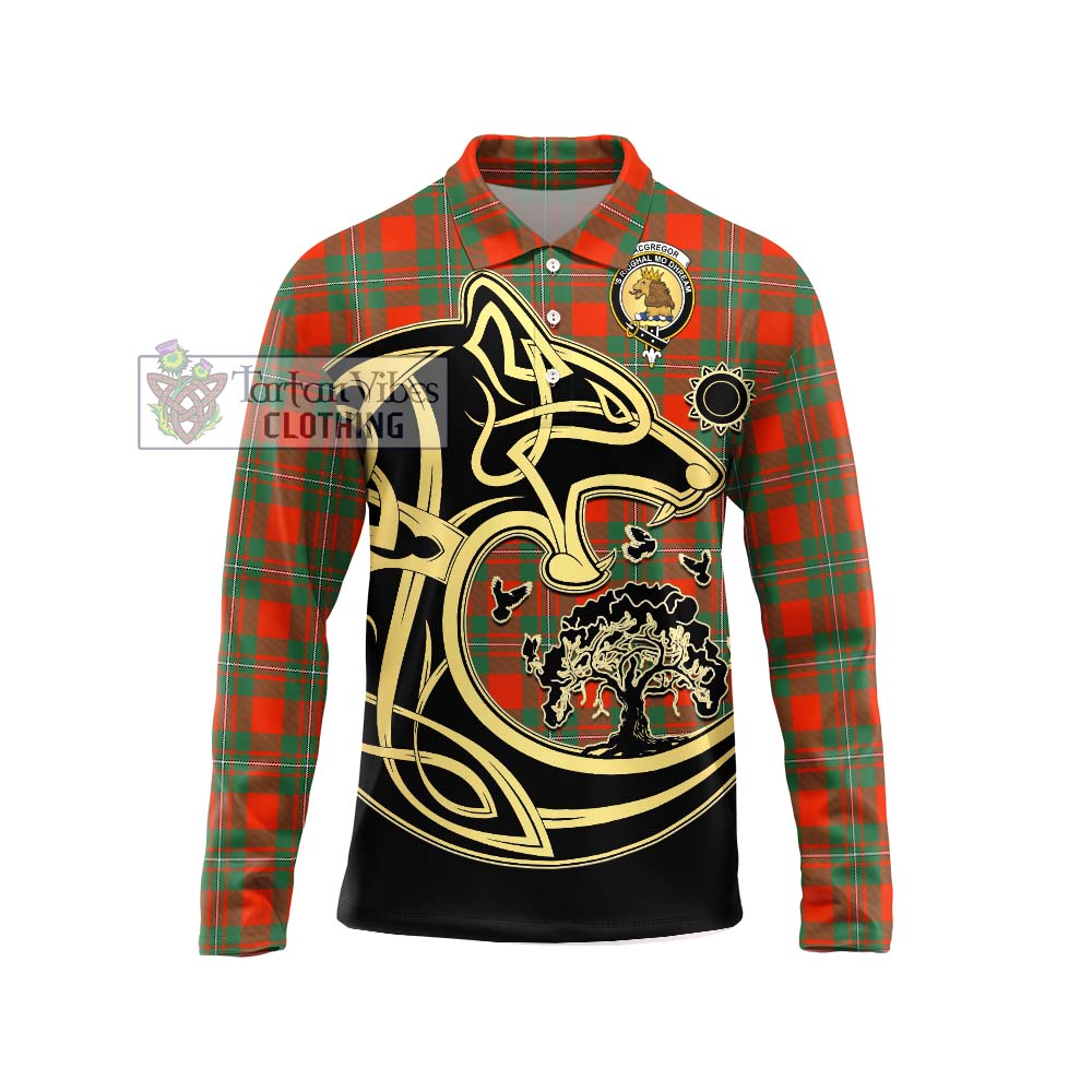 MacGregor Ancient Tartan Long Sleeve Polo Shirt with Family Crest Celtic Wolf Style Unisex - Tartanvibesclothing Shop