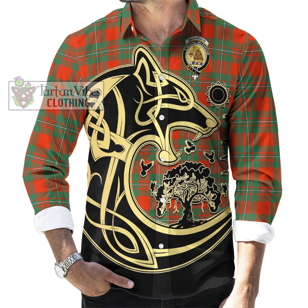 MacGregor Ancient Tartan Long Sleeve Button Shirt with Family Crest Celtic Wolf Style - Tartan Vibes Clothing