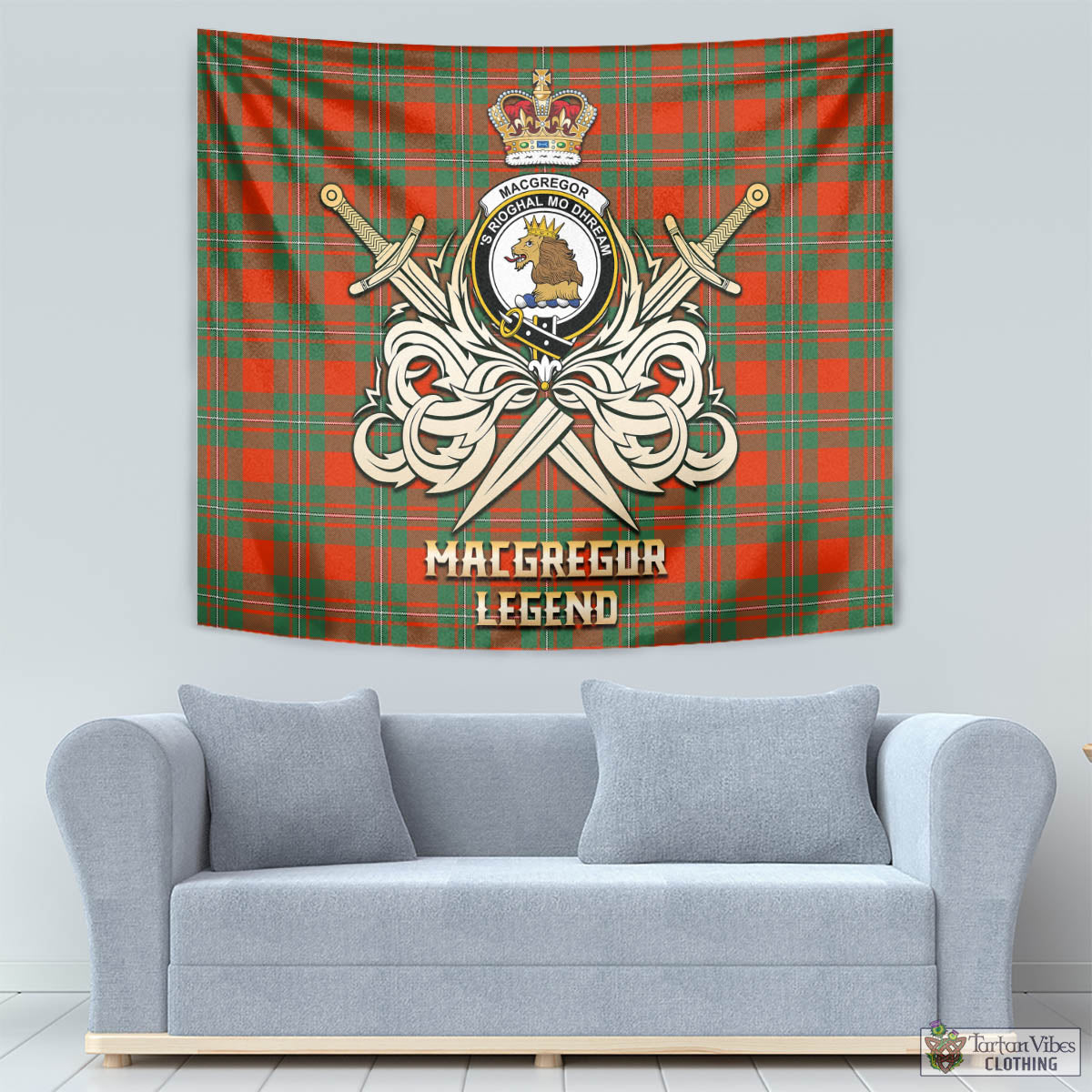 Tartan Vibes Clothing MacGregor Ancient Tartan Tapestry with Clan Crest and the Golden Sword of Courageous Legacy