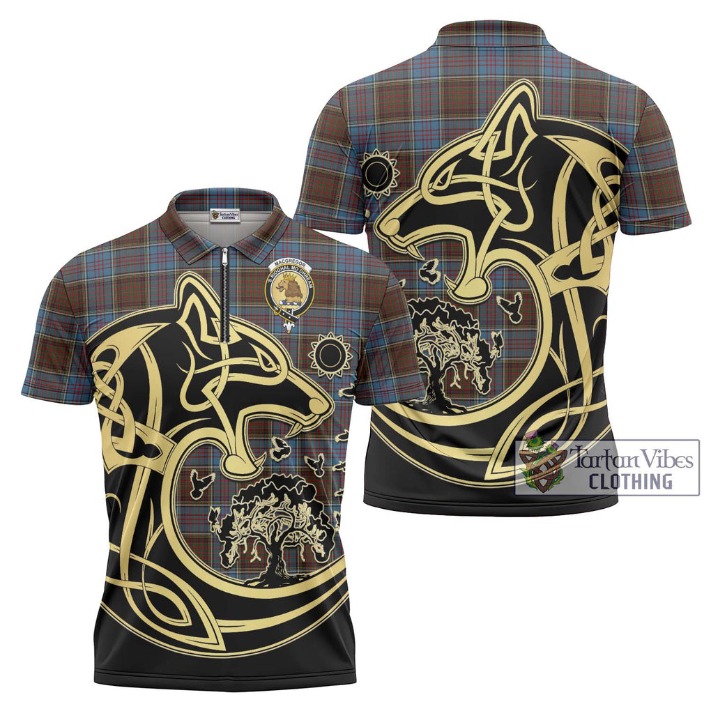 MacGregor Hastie Tartan Zipper Polo Shirt with Family Crest Celtic Wolf Style Unisex - Tartanvibesclothing Shop