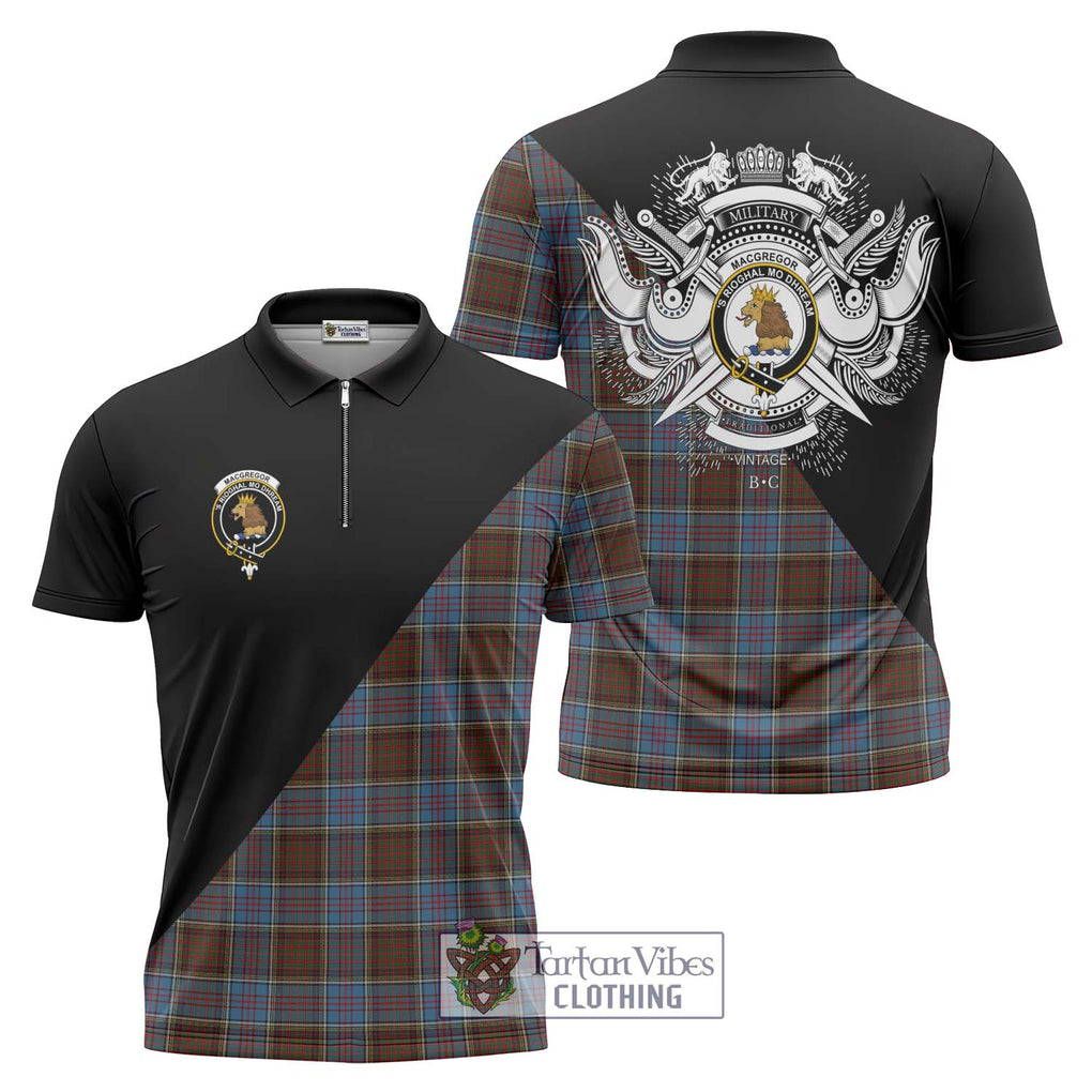 MacGregor Hastie Tartan Zipper Polo Shirt with Family Crest and Military Logo Style Unisex - Tartanvibesclothing Shop