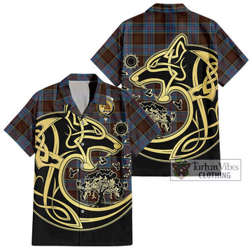 MacGregor Hastie Tartan Short Sleeve Button Shirt with Family Crest Celtic Wolf Style