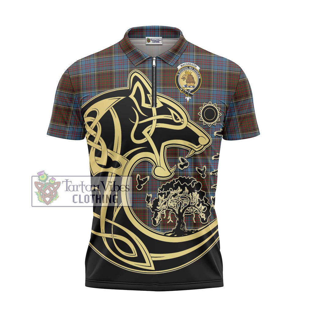 MacGregor Hastie Tartan Zipper Polo Shirt with Family Crest Celtic Wolf Style - Tartanvibesclothing Shop