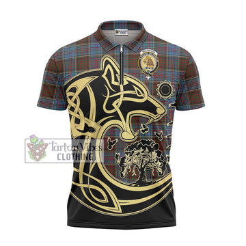 MacGregor Hastie Tartan Zipper Polo Shirt with Family Crest Celtic Wolf Style