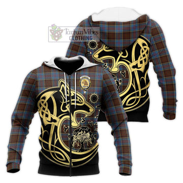 MacGregor Hastie Tartan Knitted Hoodie with Family Crest Celtic Wolf Style