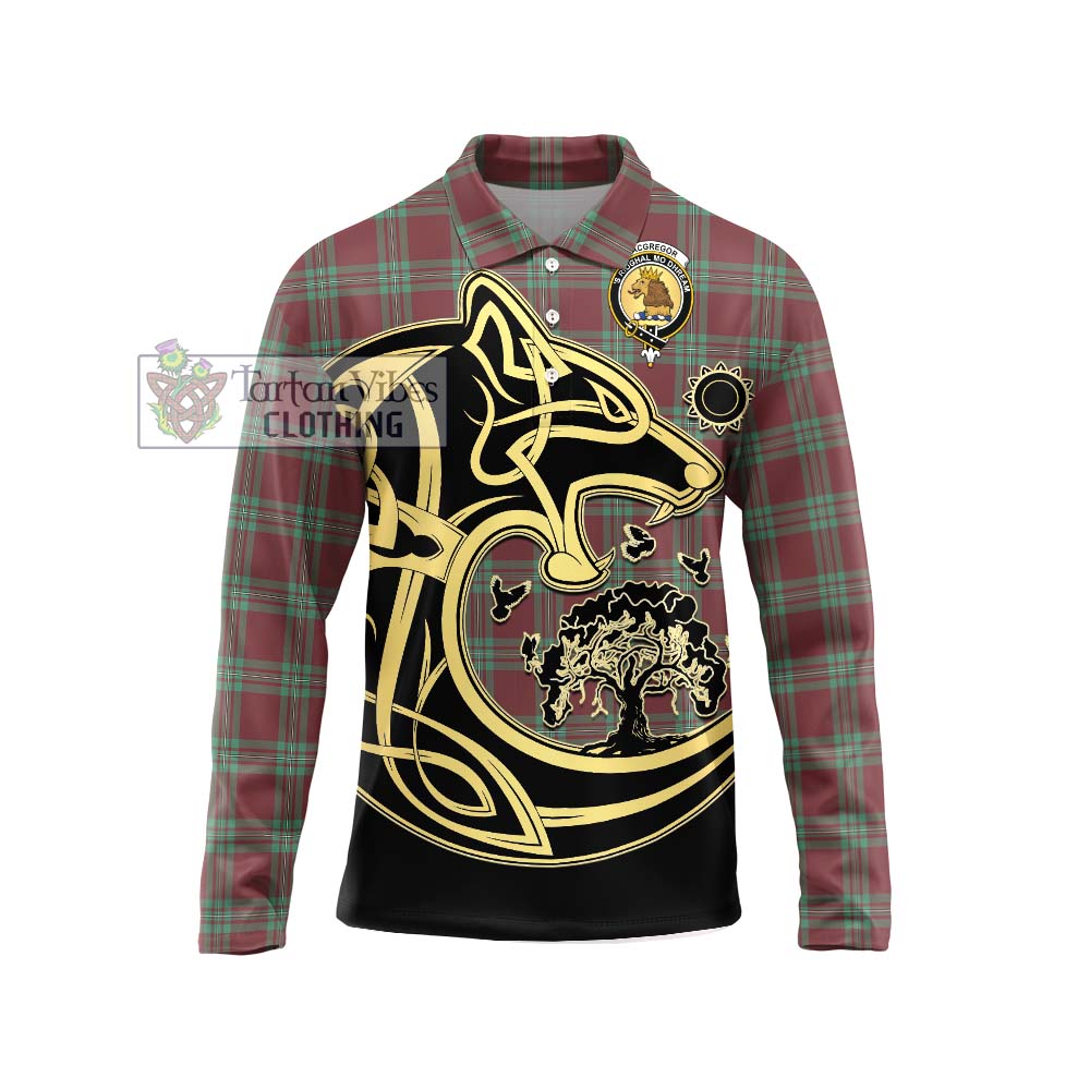 MacGregor Hunting Ancient Tartan Long Sleeve Polo Shirt with Family Crest Celtic Wolf Style Unisex - Tartanvibesclothing Shop