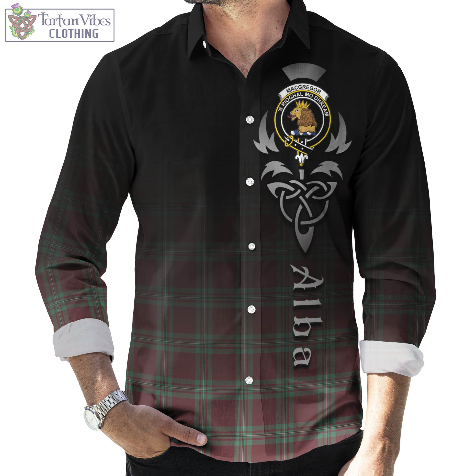 Tartan Vibes Clothing MacGregor Hunting Ancient Tartan Long Sleeve Button Up Featuring Alba Gu Brath Family Crest Celtic Inspired