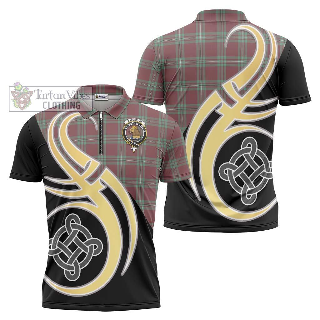 Tartan Vibes Clothing MacGregor Hunting Ancient Tartan Zipper Polo Shirt with Family Crest and Celtic Symbol Style