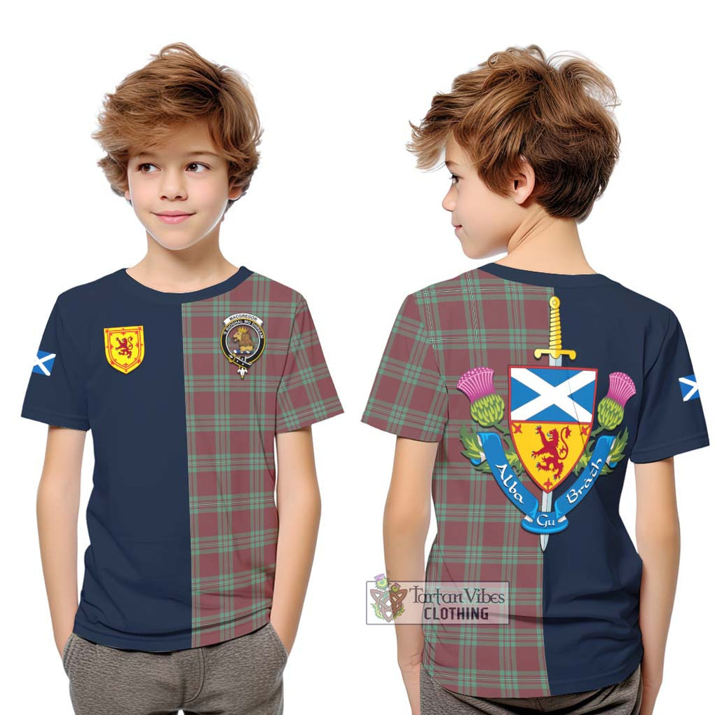 Tartan Vibes Clothing MacGregor Hunting Ancient Tartan Kid T-Shirt with Scottish Lion Royal Arm Half Style