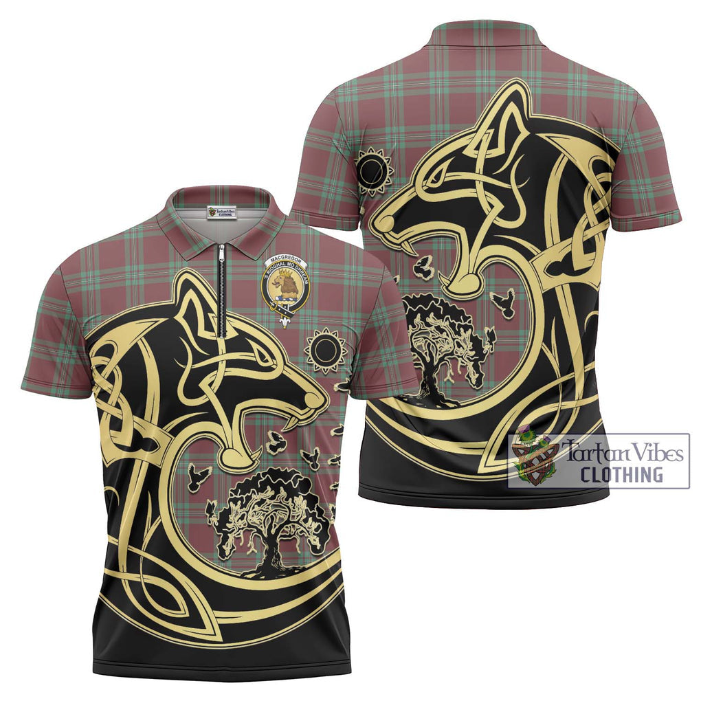 MacGregor Hunting Ancient Tartan Zipper Polo Shirt with Family Crest Celtic Wolf Style Unisex - Tartanvibesclothing Shop