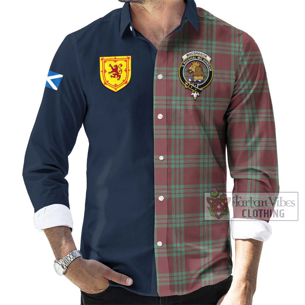 Tartan Vibes Clothing MacGregor Hunting Ancient Tartan Long Sleeve Button Shirt with Scottish Lion Royal Arm Half Style