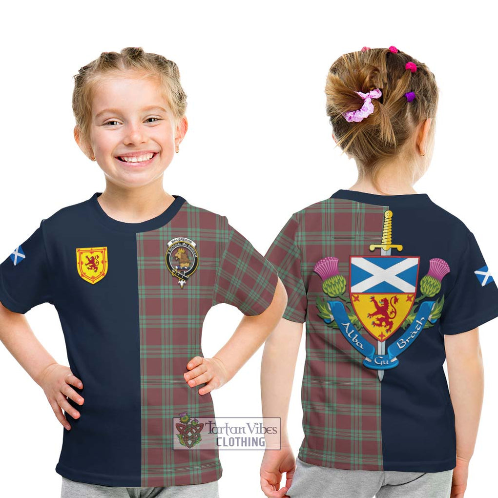 Tartan Vibes Clothing MacGregor Hunting Ancient Tartan Kid T-Shirt with Scottish Lion Royal Arm Half Style