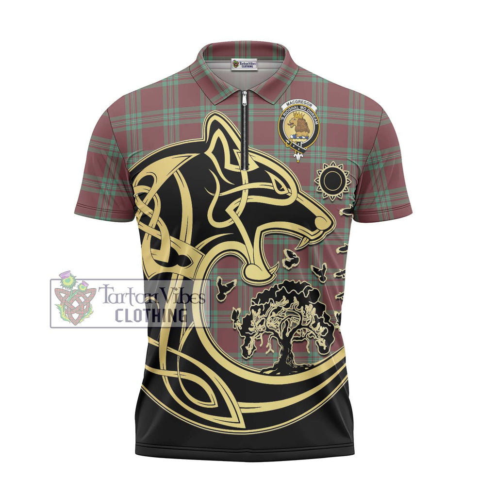 MacGregor Hunting Ancient Tartan Zipper Polo Shirt with Family Crest Celtic Wolf Style - Tartanvibesclothing Shop