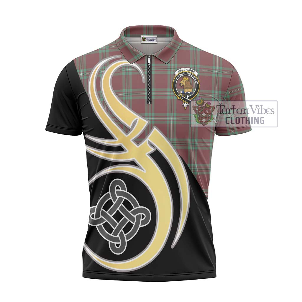 Tartan Vibes Clothing MacGregor Hunting Ancient Tartan Zipper Polo Shirt with Family Crest and Celtic Symbol Style