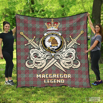 MacGregor Hunting Ancient Tartan Quilt with Clan Crest and the Golden Sword of Courageous Legacy