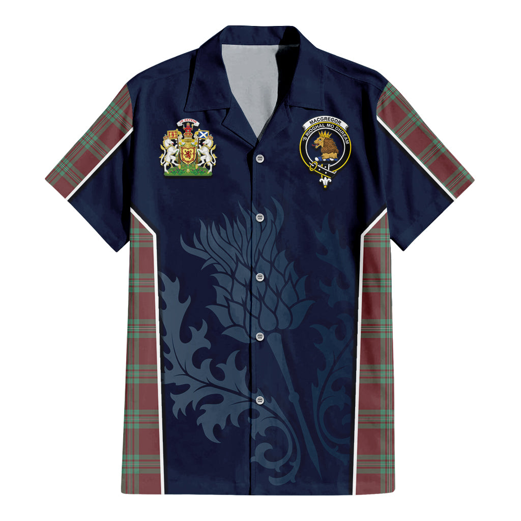 Tartan Vibes Clothing MacGregor Hunting Ancient Tartan Short Sleeve Button Up Shirt with Family Crest and Scottish Thistle Vibes Sport Style