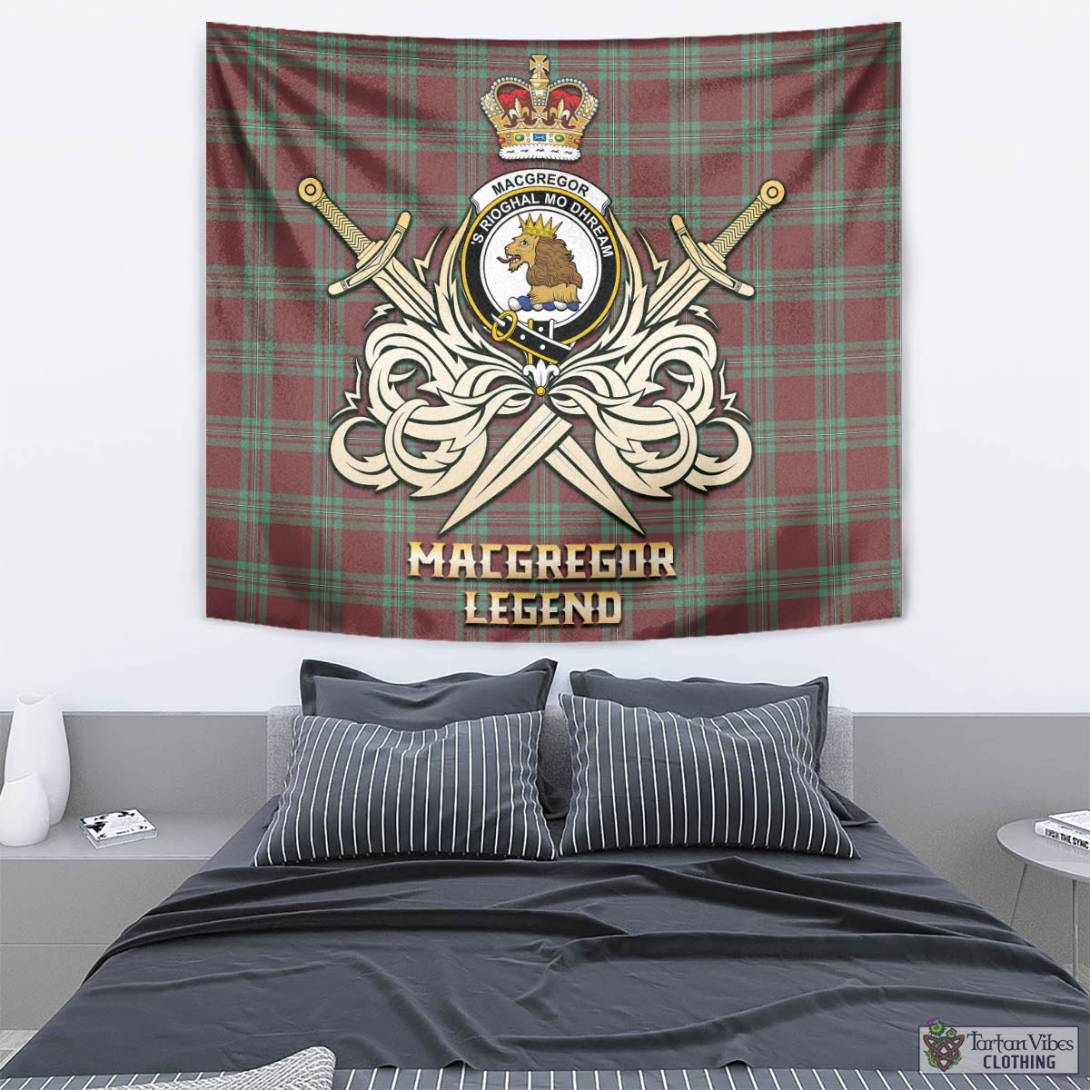 Tartan Vibes Clothing MacGregor Hunting Ancient Tartan Tapestry with Clan Crest and the Golden Sword of Courageous Legacy