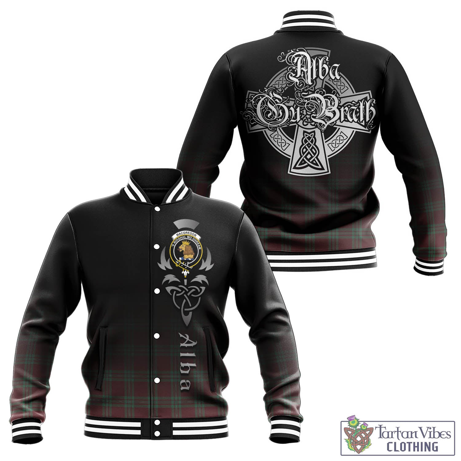 Tartan Vibes Clothing MacGregor Hunting Ancient Tartan Baseball Jacket Featuring Alba Gu Brath Family Crest Celtic Inspired