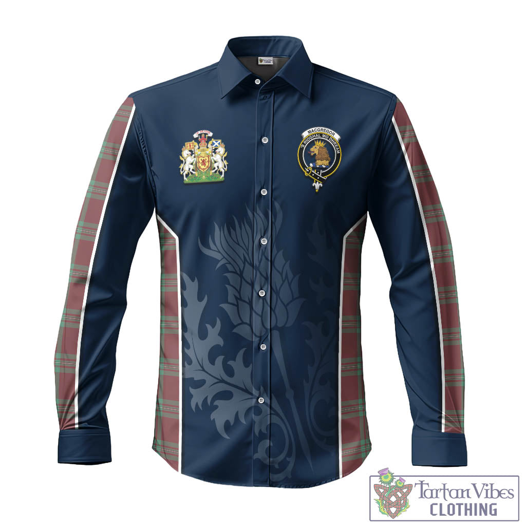 Tartan Vibes Clothing MacGregor Hunting Ancient Tartan Long Sleeve Button Up Shirt with Family Crest and Scottish Thistle Vibes Sport Style