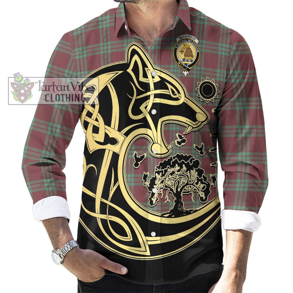 MacGregor Hunting Ancient Tartan Long Sleeve Button Shirt with Family Crest Celtic Wolf Style - Tartan Vibes Clothing