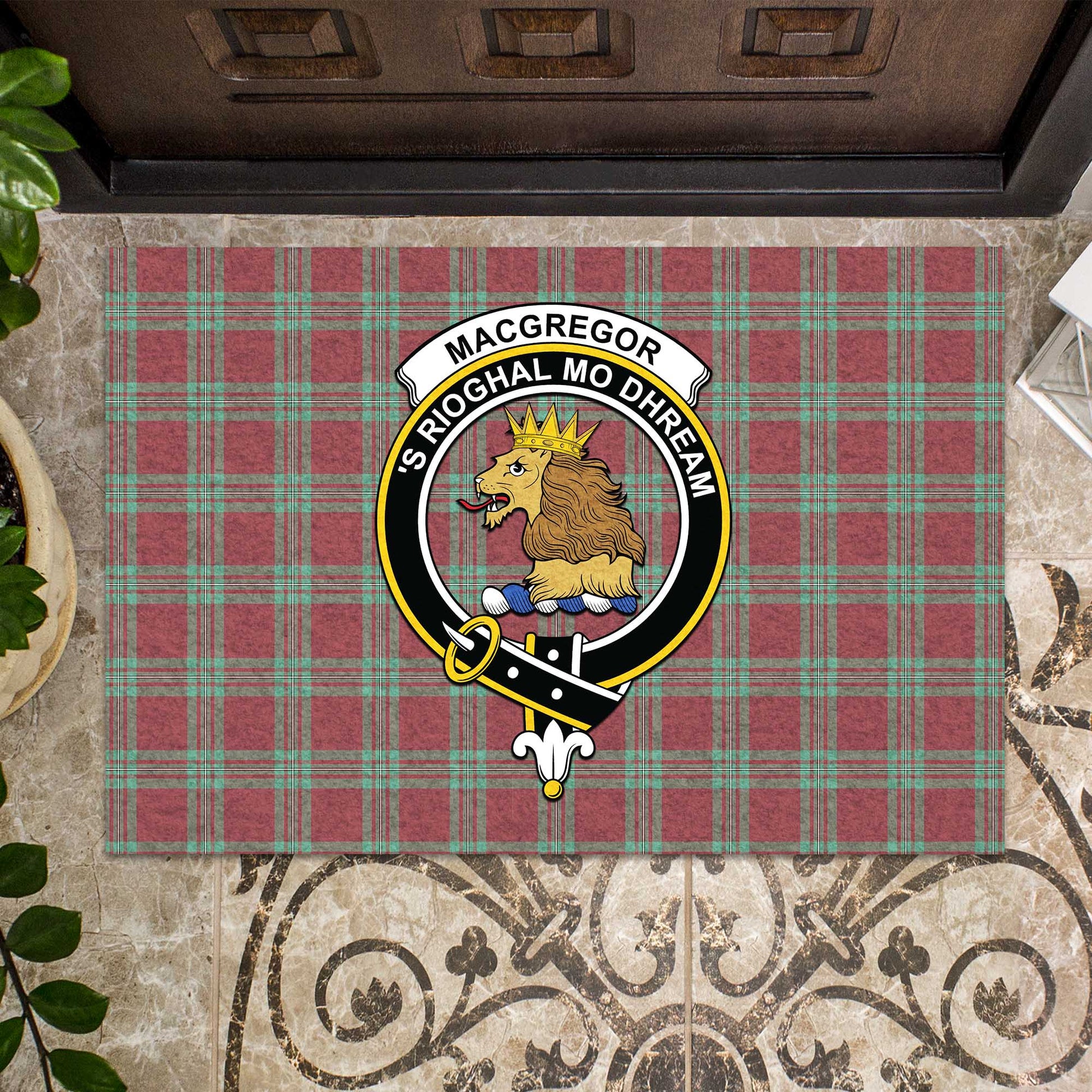 MacGregor Hunting Ancient Tartan Door Mat with Family Crest - Tartanvibesclothing