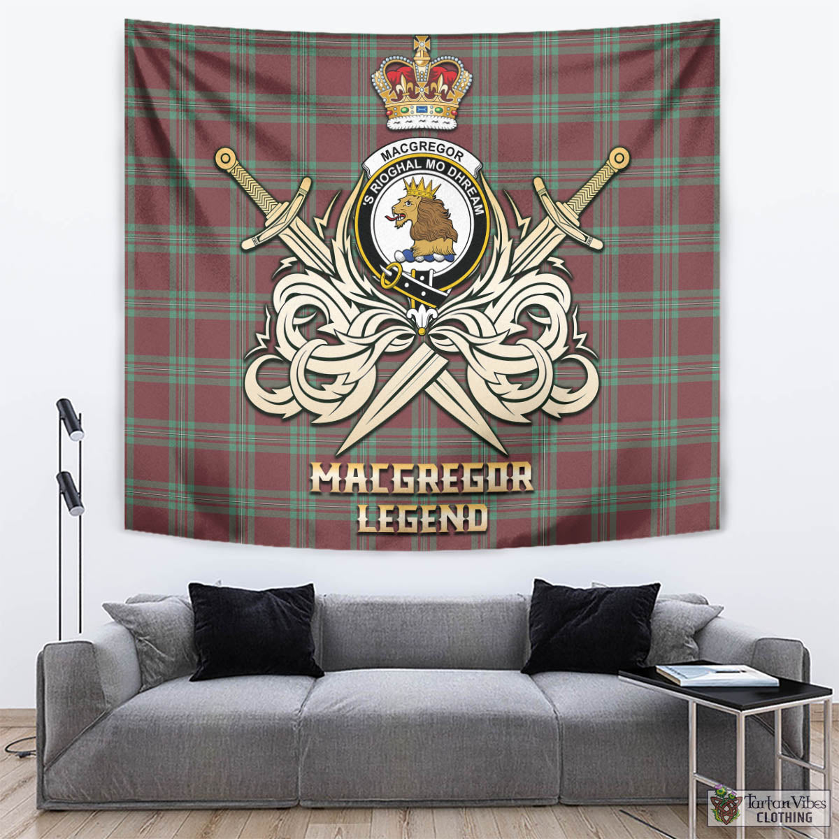 Tartan Vibes Clothing MacGregor Hunting Ancient Tartan Tapestry with Clan Crest and the Golden Sword of Courageous Legacy