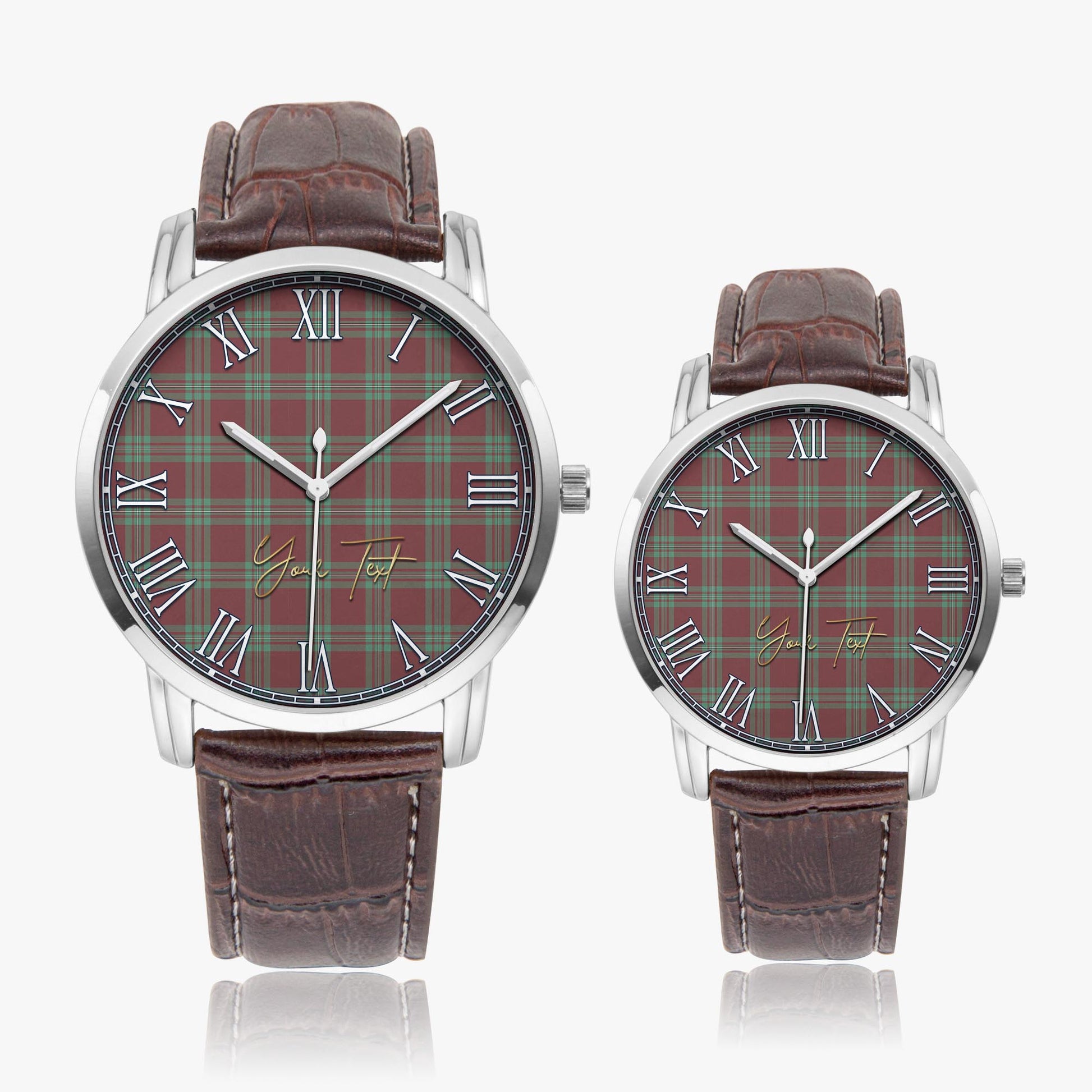 MacGregor Hunting Ancient Tartan Personalized Your Text Leather Trap Quartz Watch Wide Type Silver Case With Brown Leather Strap - Tartanvibesclothing