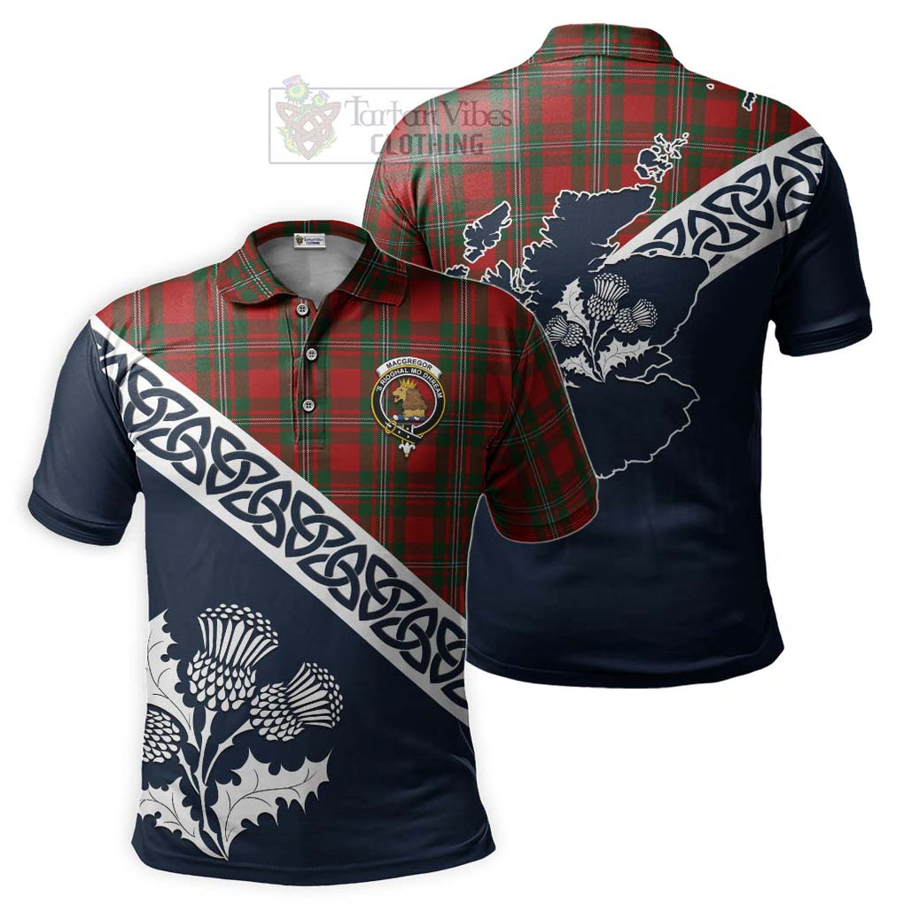 MacGregor (McGregor) Tartan Polo Shirt Featuring Thistle and Scotland Map