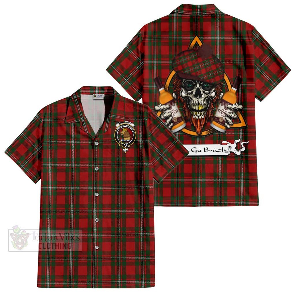 Tartan Vibes Clothing MacGregor (McGregor) Tartan Short Sleeve Button Shirt with Family Crest and Bearded Skull Holding Bottles of Whiskey