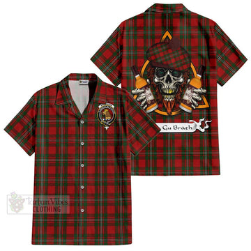 MacGregor (McGregor) Tartan Short Sleeve Button Shirt with Family Crest and Bearded Skull Holding Bottles of Whiskey