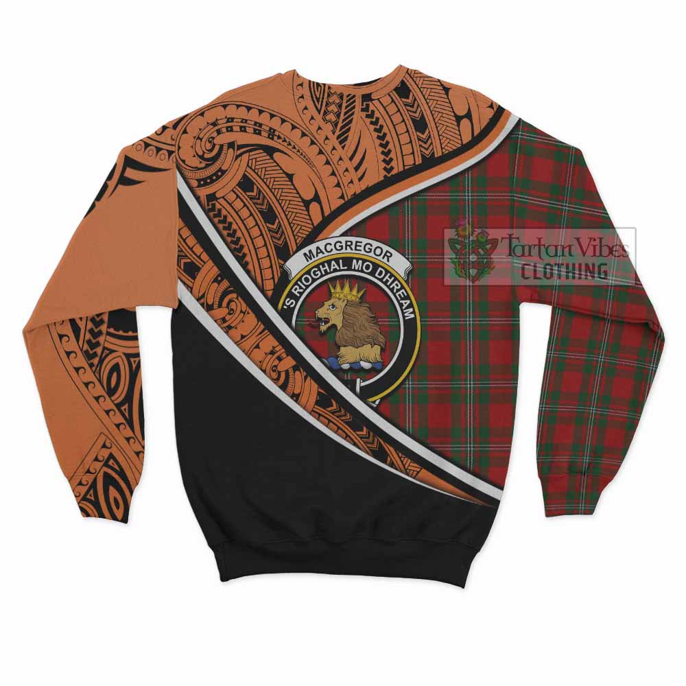 Tartan Vibes Clothing MacGregor (McGregor) Crest Tartan Sweatshirt with Maori Tattoo Style - Orange Version